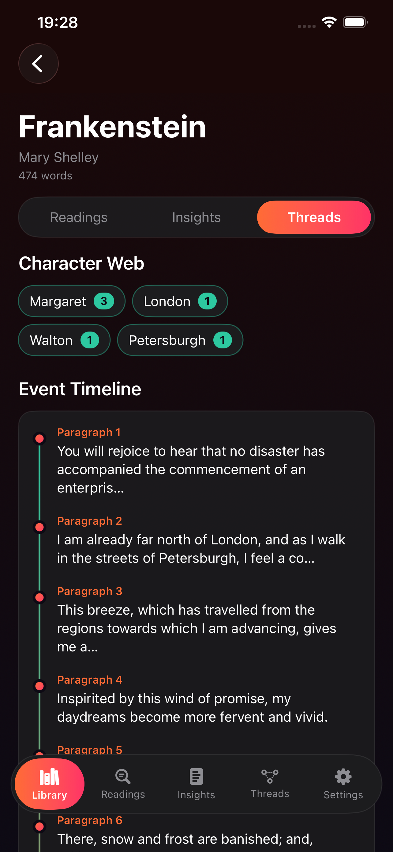 NarraDive Threads tab with character web and event timeline